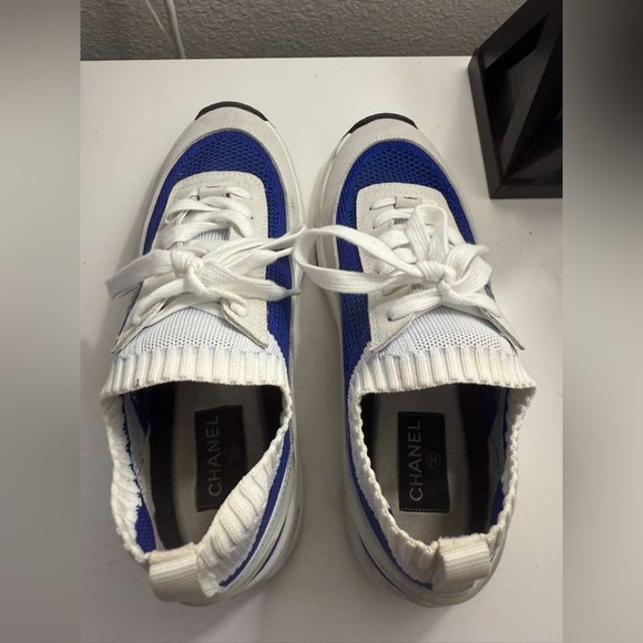 CHANEL Women's Blue and Cream Sneakers - Picture 5 of 9